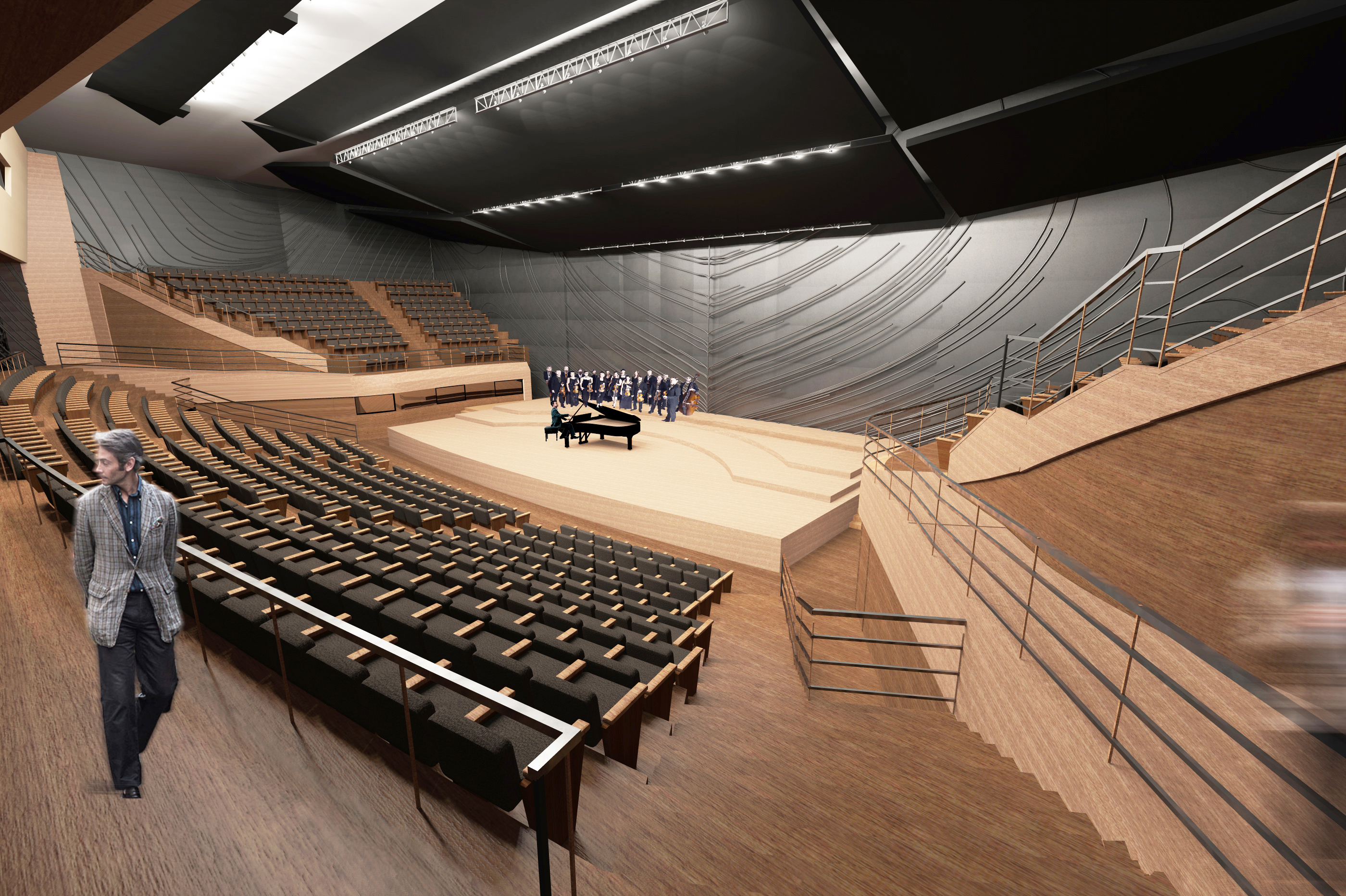 Chopin Music Center, concert hall, pianist with choir, view from an angle