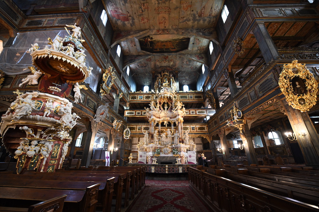 Swidnica Church of Peace, Altar, view from inside, wooden interior, zoom, Kościół Pokoju Świdnica, drewniane wnętrze, ołtarz, powiększenie