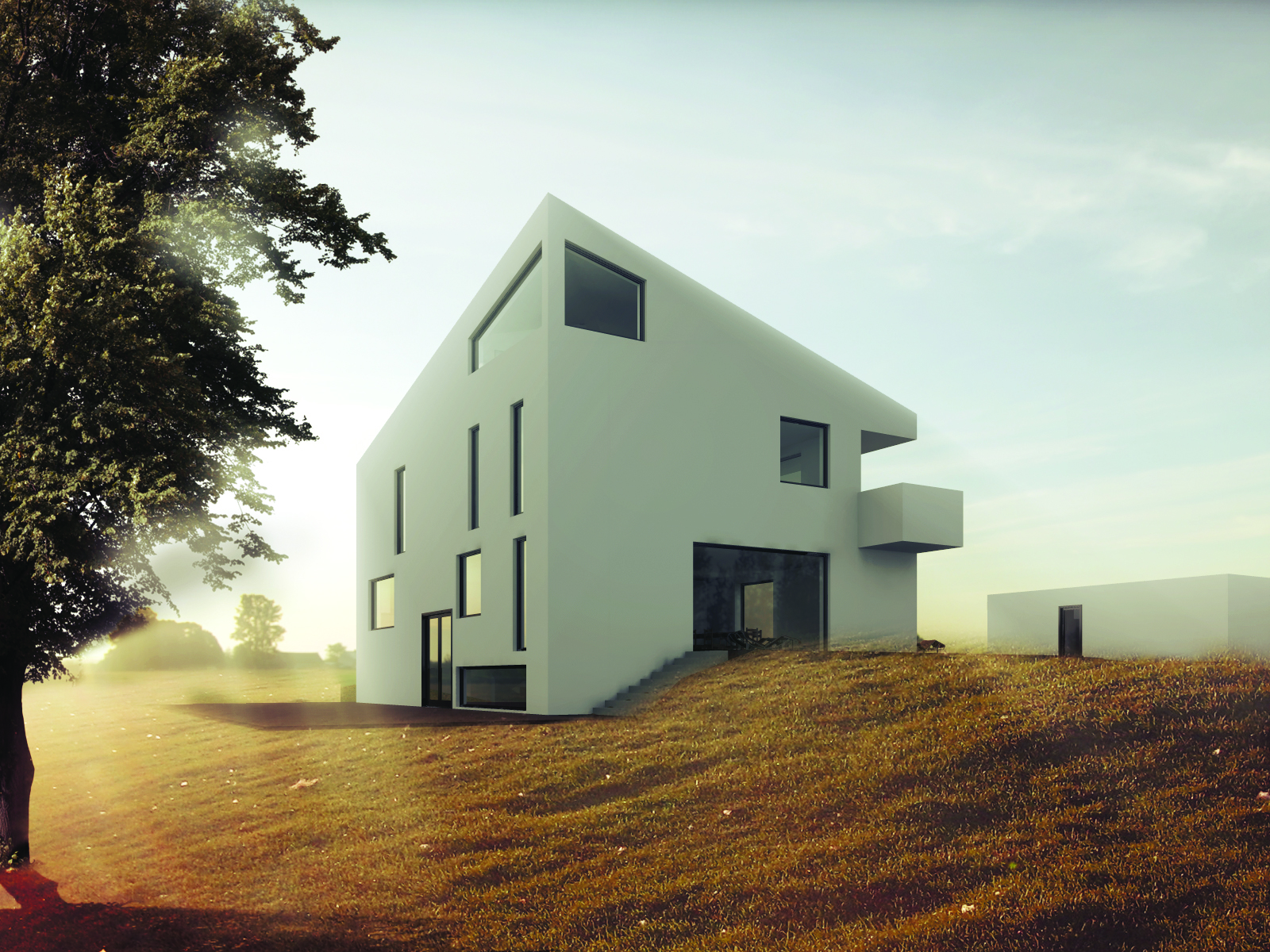 marmurowy dom, 2015, architekton, elewacja, modernizm, prostota, biel, skosy, widok z ogrodu